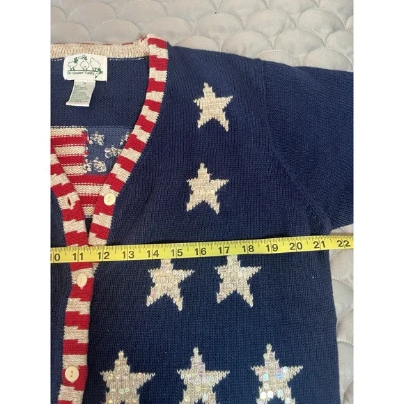 VTG Quacker Factory Blue Sweater American Flag Stars Patriotic Cardigan Sz M - Picture 6 of 7